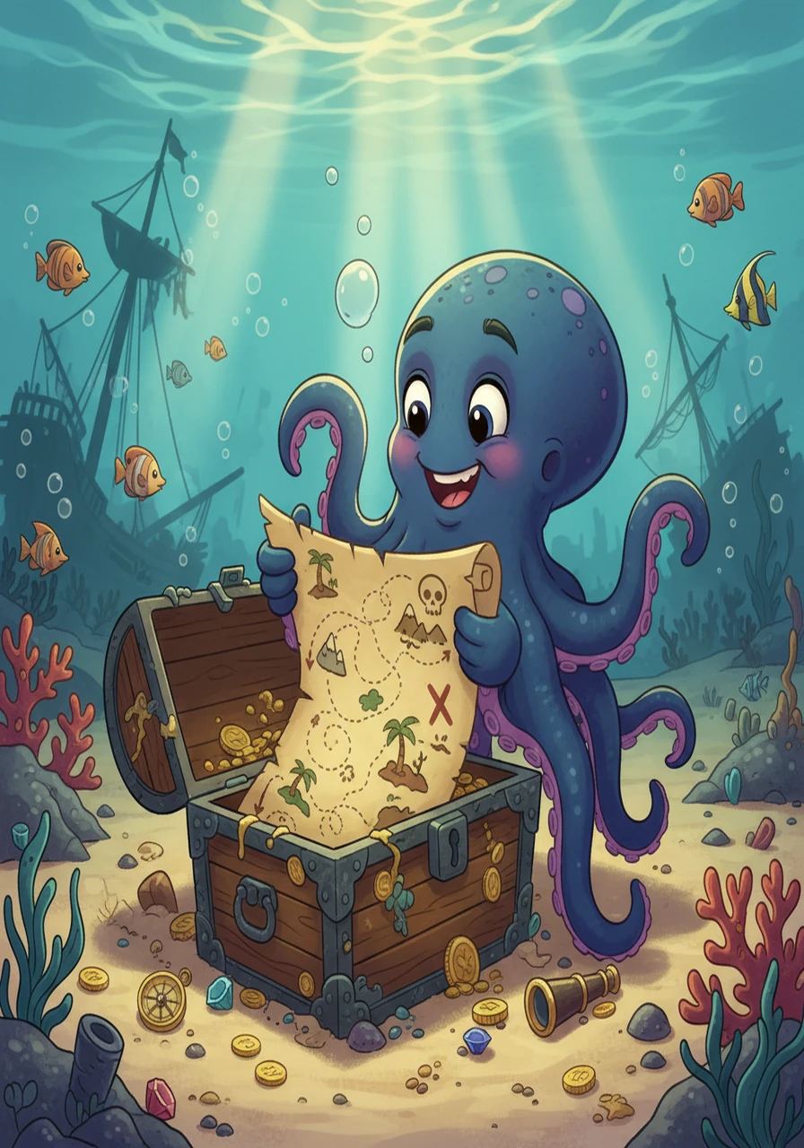 Oscar found a tattered, rolled-up scroll hidden inside a sunken treasure chest. Unfurling it with his tentacles, he discovered it was a treasure map! It promised untold riches, but Oscar was more excited about the adventure it hinted at.
