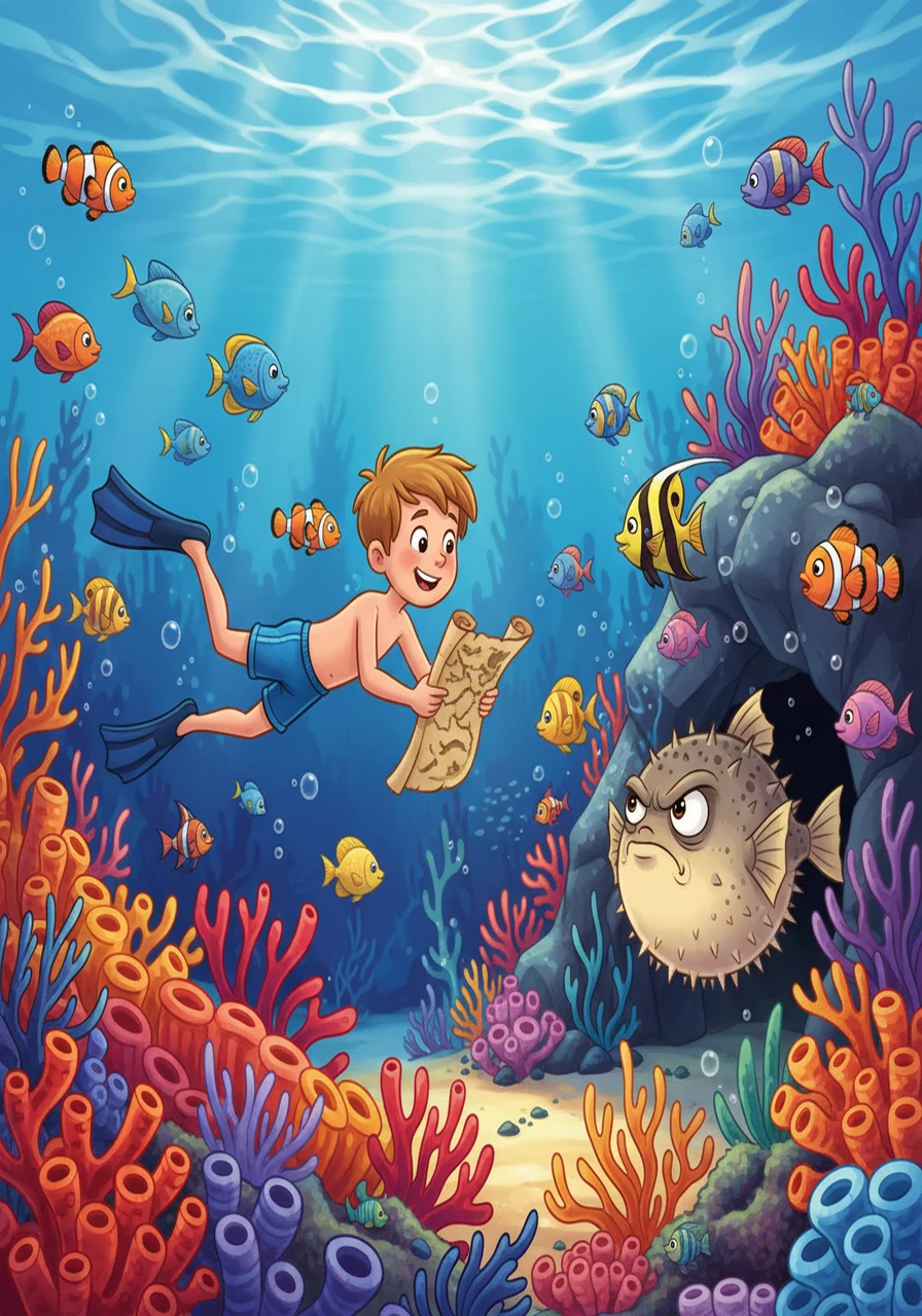 Following the map, Oscar swam through a vibrant coral reef, teeming with colorful fish. He marveled at the beauty of the underwater garden, the sunlight dancing through the water. He carefully avoided the grumpy pufferfish guarding the entrance to a cave.