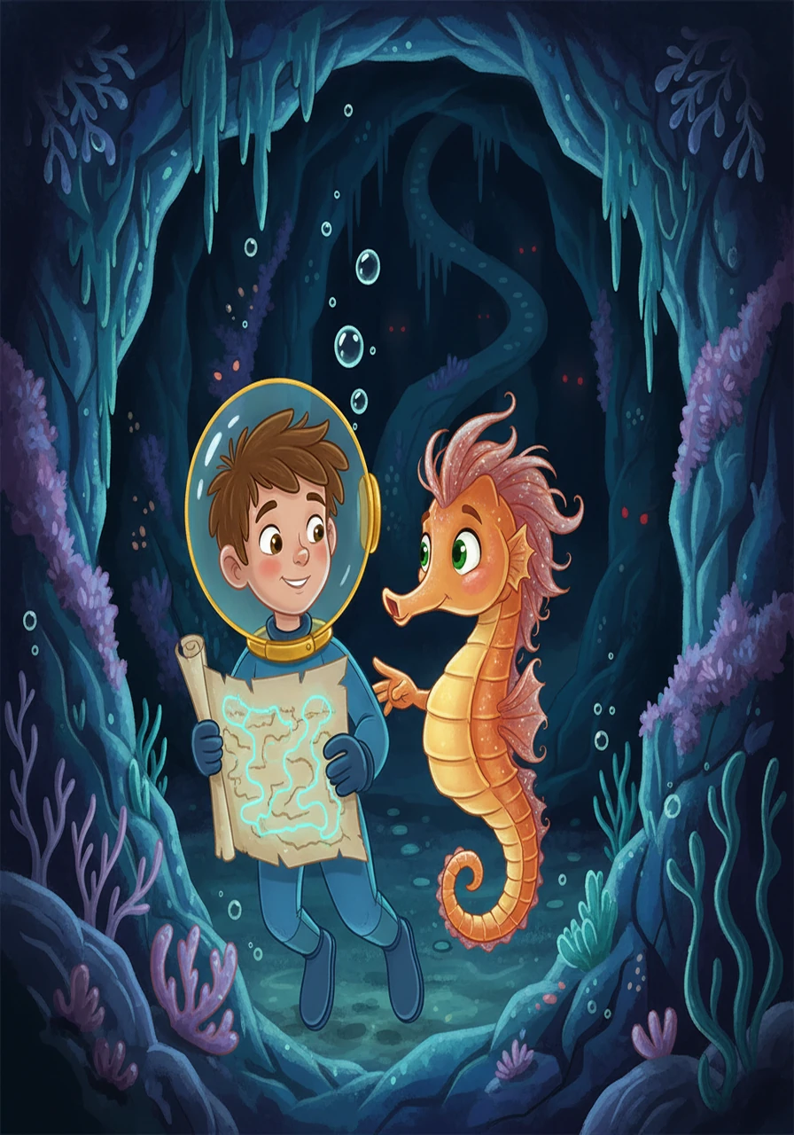 The map led Oscar into a dark underwater cave, where he encountered a friendly seahorse. The seahorse, named Shelly, warned Oscar about the dangers ahead, but also offered to help. Together, they navigated the twists and turns of the cave.