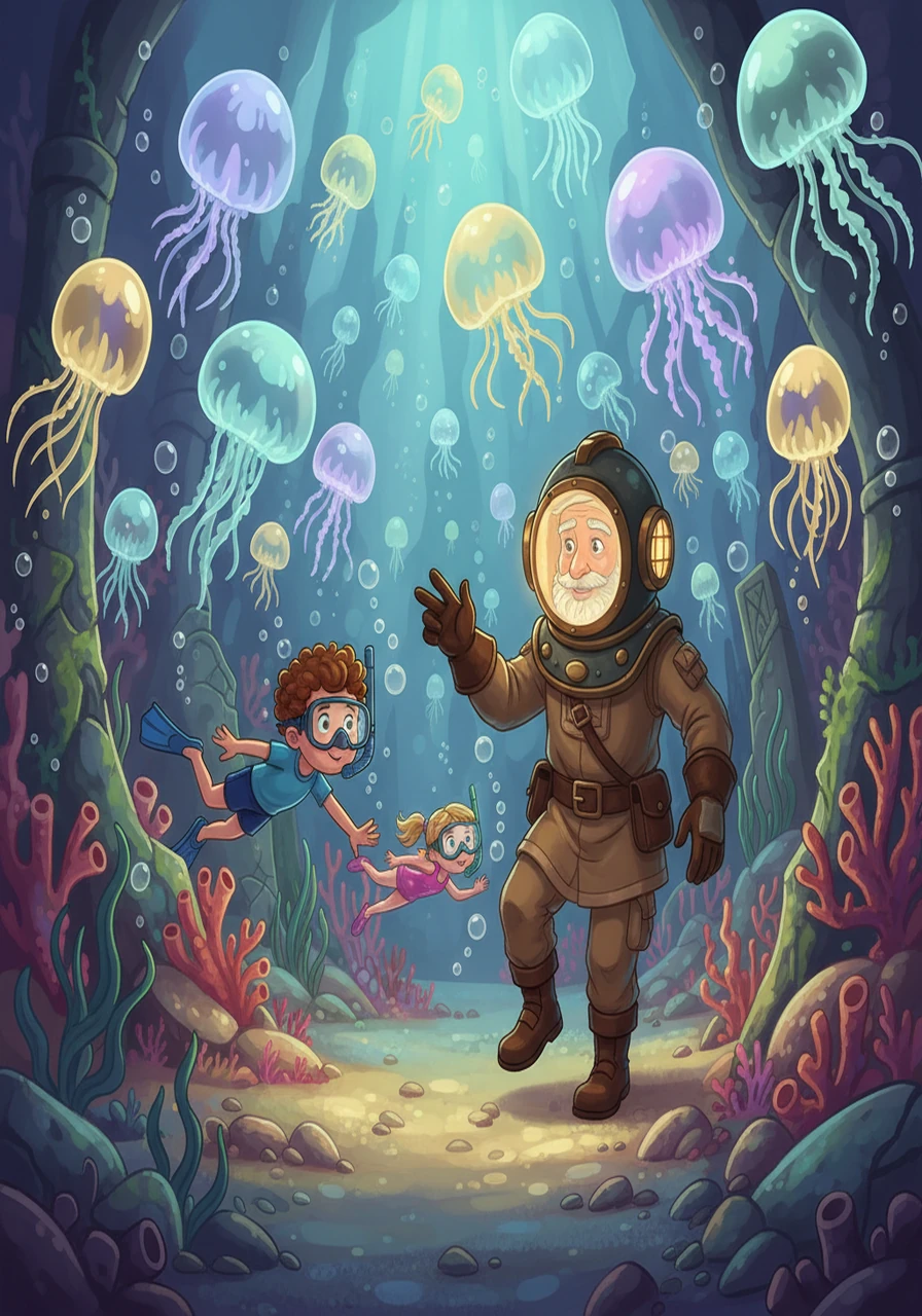 The map directed them to a shimmering underwater valley, filled with glowing jellyfish. Oscar and Shelly, guided by Professor Shellington's wisdom, carefully swam through the luminous maze. The jellyfish pulsed with a soft, ethereal light.