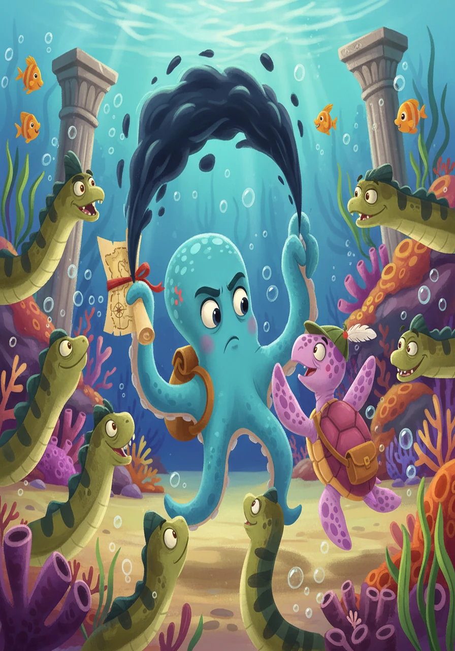Suddenly, they were ambushed by a school of sneaky eels who tried to steal the map. Oscar, remembering Professor Shellington's advice about courage, bravely used his ink to confuse the eels. Shelly helped chase them away.