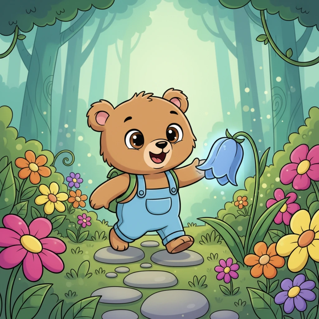 En un bosque de flores brillantes, vivía Mudito, un osito de pelaje suave y ojos chispeantes. Su oreja derecha era un poco diferente, tiernamente doblada, pero no le dolía ni le causaba tristeza. Solo era parte de lo que lo hacía único.