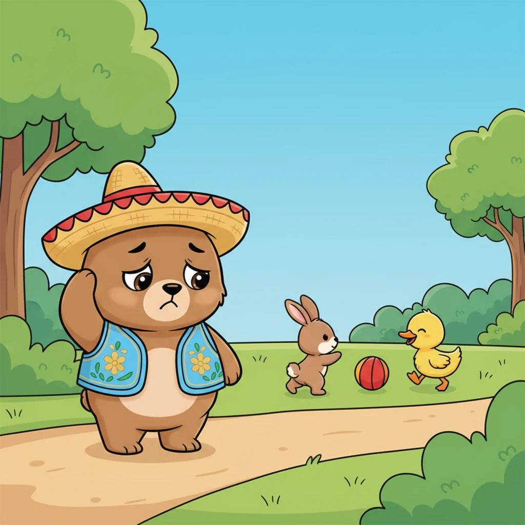 Pero cuando Mudito veía a otros animalitos, su alegría se desvanecía y se quedaba en silencio. Tocaba su orejita, miraba al suelo, y pensaba: «¿Y si no quieren jugar conmigo por mi oreja?». Su timidez lo envolvía.