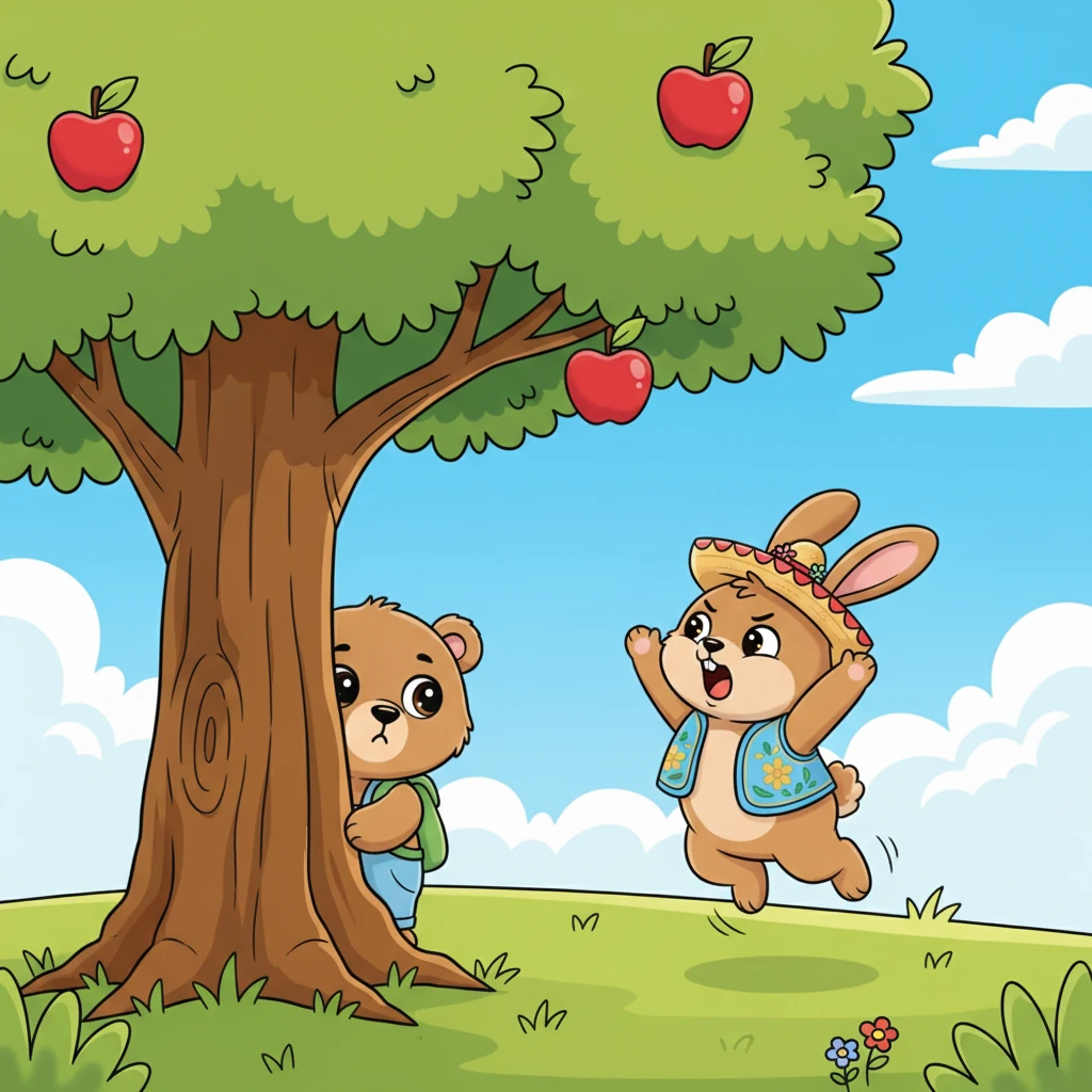 Un día soleado, el conejito Saltarín saltaba y saltaba con desesperación, intentando alcanzar una manzana roja en lo alto de un árbol. «¡Uy, uy, uy! ¡No llego!», gritaba, mientras Mudito lo observaba desde detrás de un frondoso árbol.