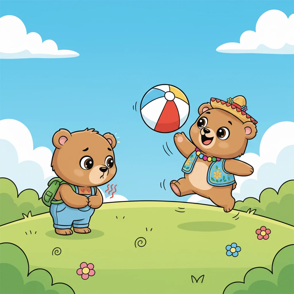 El corazón de Mudito latía fuerte: «¡Pum, pum, pum!». Quería ayudar, quería hablar, quería unirse a la diversión. Una batalla de valor y miedo se libraba en su interior, mientras deseaba con todas sus fuerzas acercarse a Saltarín.