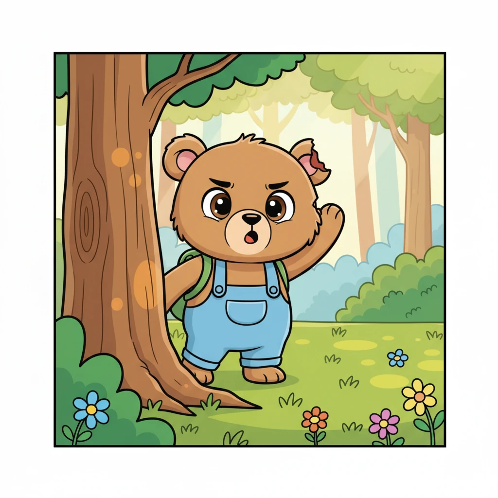 Tomando una respiración profunda, Mudito tocó su oreja rota con un gesto de determinación. Lentamente, salió de detrás del árbol, dando pequeños pasos. «Yo… yo puedo ayudarte», dijo con una voz suave pero firme.