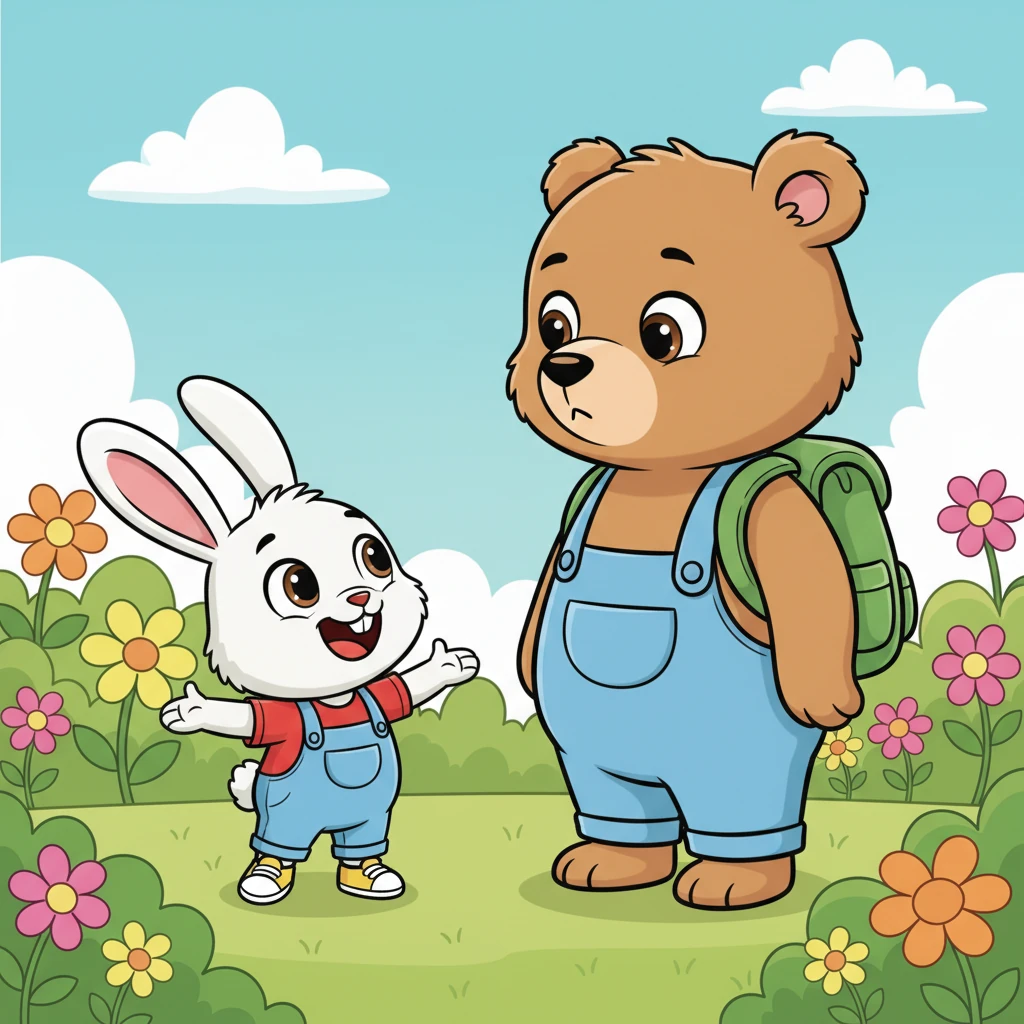 Saltarín se giró, miró a Mudito y su orejita, y una gran sonrisa se dibujó en su rostro. «¡Qué bien! ¡Eres muy alto! ¿Me ayudas?», exclamó el conejito, sin un ápice de juicio en su voz, solo pura alegría.