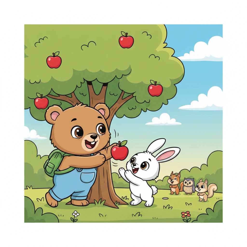 Mudito, sintiendo un nudo de felicidad, empujó el árbol con cuidado, y la manzana cayó directamente en las patas de Saltarín. «¡Gracias, Mudito!», gritó el conejito, invitándolo a jugar con él y con otros amigos que se acercaban.