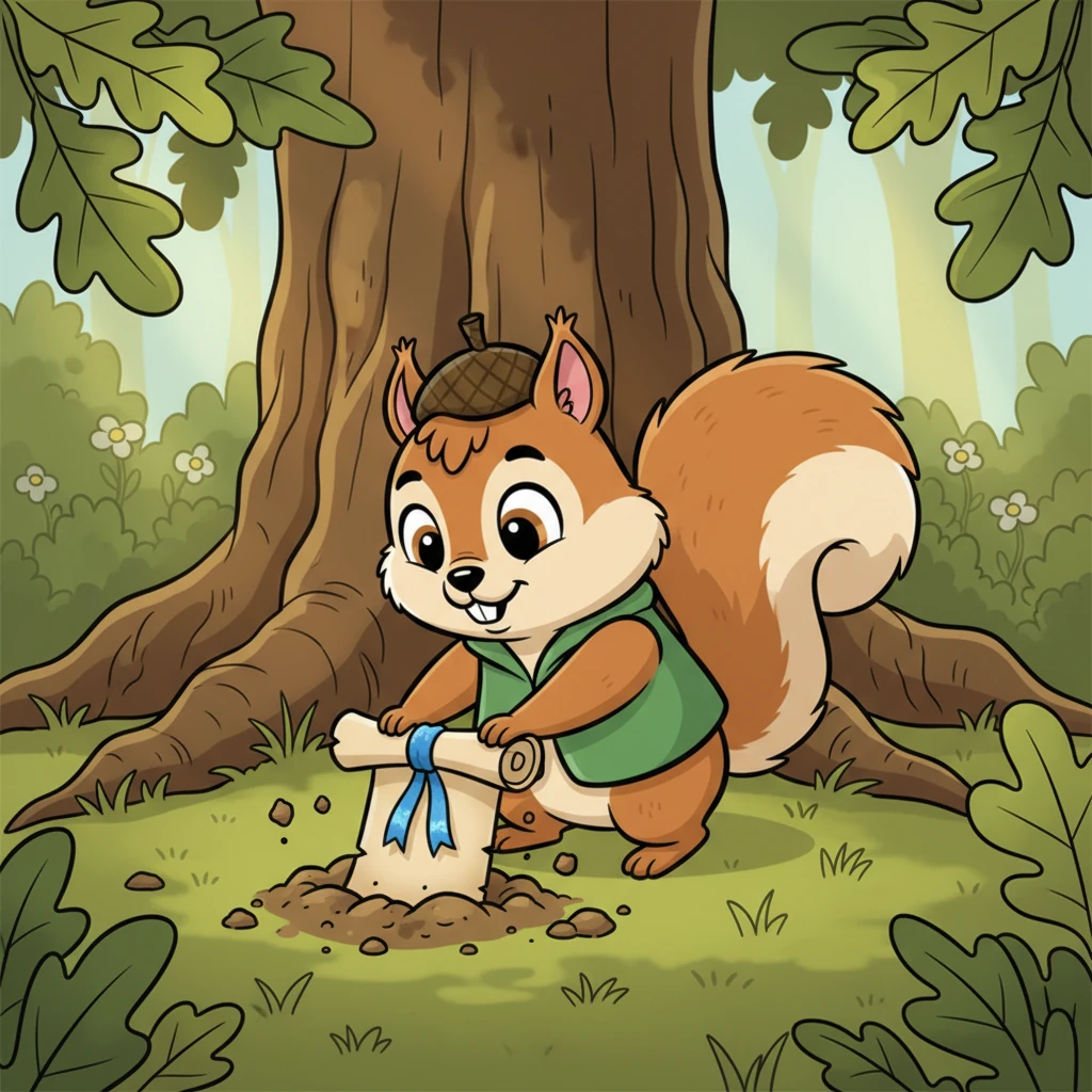 Pip the squirrel, a tiny fluff of brown fur with bright, curious eyes, was busily digging for nuts near the roots of an ancient oak. His little paws scraped against something crinkly and unusual, not at all like a nut. He pulled it out to find a rolled-up scroll, tied with a shimmering blue ribbon. His whiskers twitched with surprise and excitement.