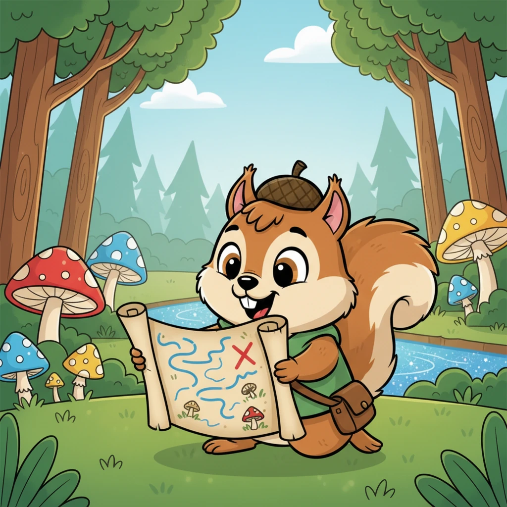 Pip unrolled the map carefully, his small nose almost touching the aged parchment. It was covered in squiggly lines, a bold red 'X', and drawings of giant mushrooms and sparkling rivers. His tiny heart thumped with the thrill of a grand adventure waiting to happen. A wide, joyful grin spread across his face, revealing his two front teeth.