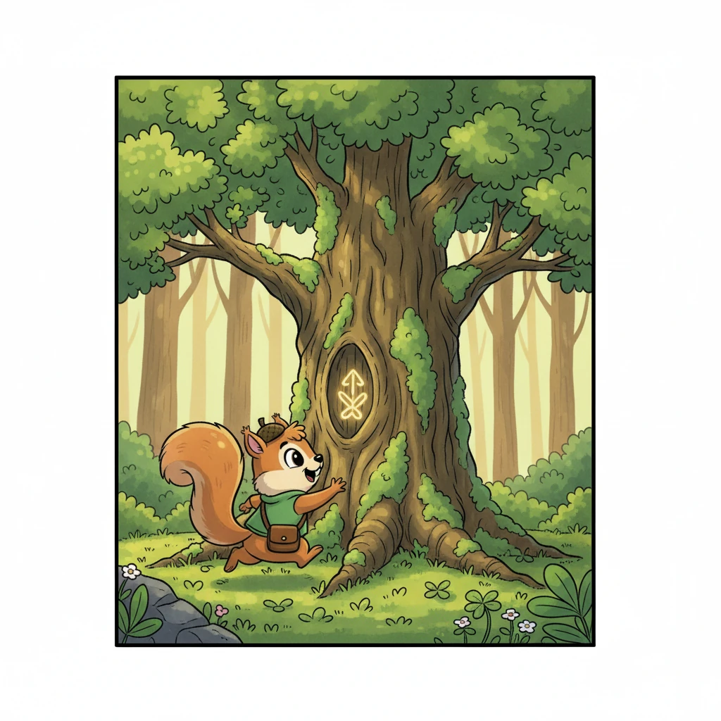 Following the first marked path on the map, Pip scampered through a sun-dappled glade, his tail held high. He arrived at a towering, moss-covered tree, much older and grander than any he had seen before. A small, glowing symbol, just like the one on his map, was carved into its bark, pointing upwards.