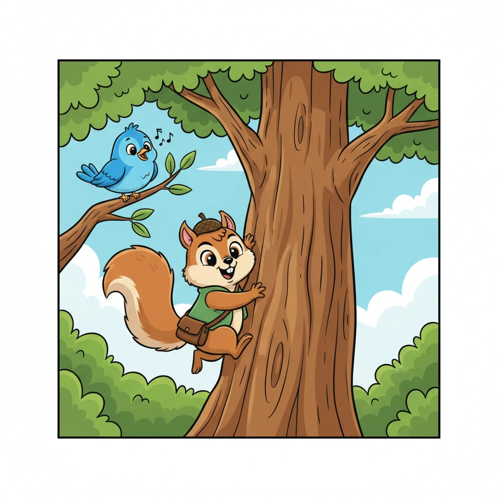 With a determined leap, Pip began to scale the massive tree, his claws gripping the rough bark. He twirled and bounced, his journey upwards a playful dance among the branches. A friendly, plump bluebird perched on a nearby branch chirped encouragement, its round eyes twinkling.