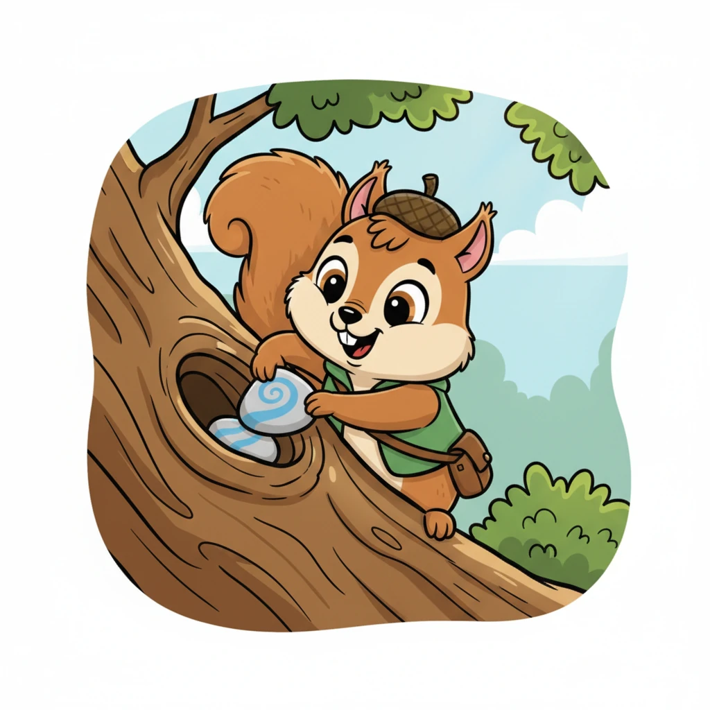 At a high, hidden branch, Pip found a small, hollow knot in the wood. Inside was a tiny, smooth pebble with a painted swirl that mimicked the flow of a river. The map had led him to his next clue! He carefully tucked the pebble into his cheek pouch, ready for the next leg of his quest.