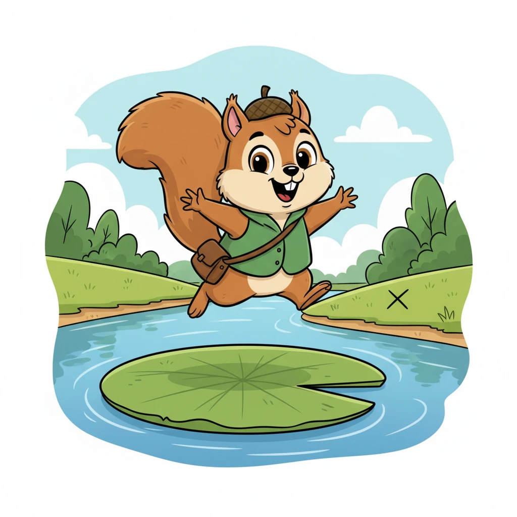 Soon, Pip reached the edge of a wide, gently flowing river. The map showed an 'X' on the opposite bank, but how to cross? A giant, sturdy lily pad floated nearby, large enough to be his personal ferry. With a brave hop, Pip landed on it, his tail wagging as it slowly drifted across the water.