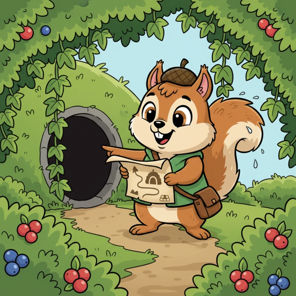 Safely on the other side, Pip shook the water from his fur and followed the map's winding path through a thicket of berry bushes. Hidden behind a curtain of ivy, he discovered a small, dark opening in the side of a hill. It was the entrance to a mysterious cave, just like the one drawn on his map.