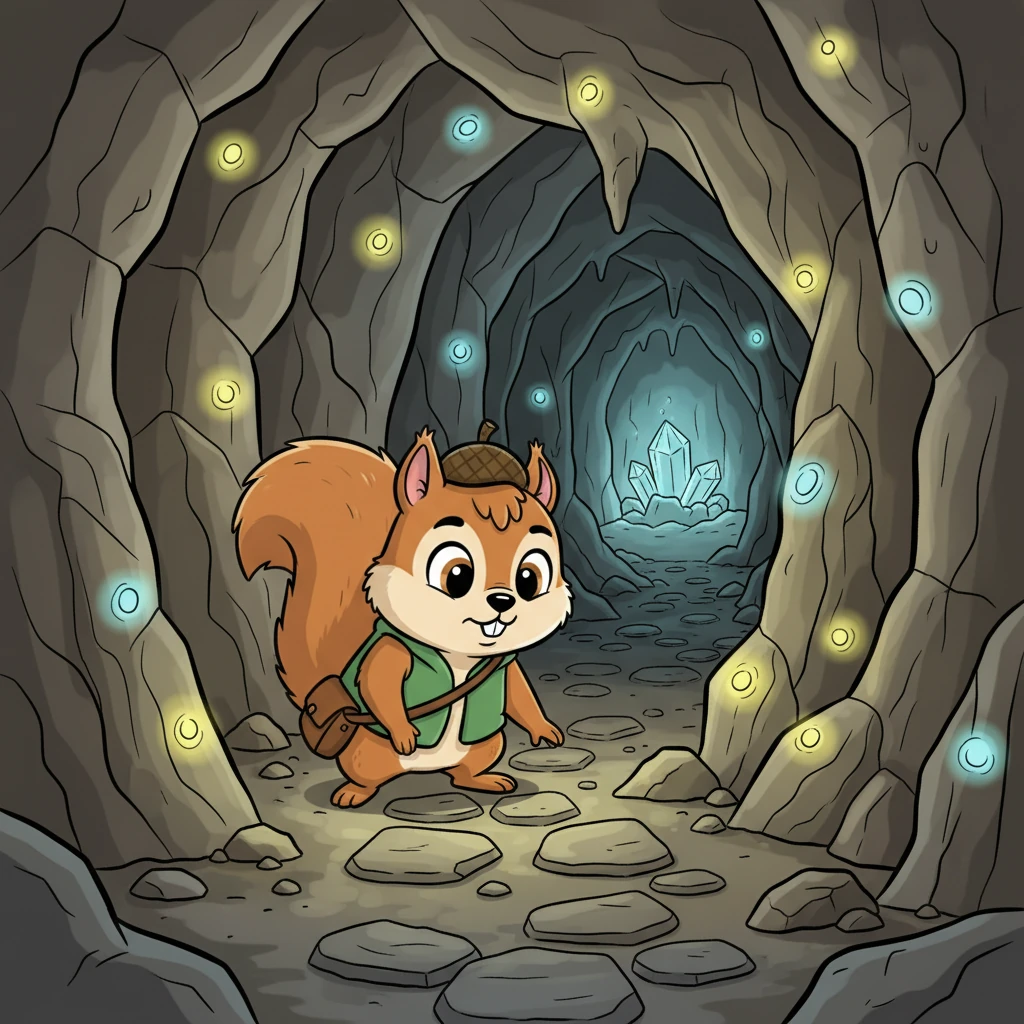 Taking a deep breath, Pip cautiously stepped into the cool, damp cave. Twinkling glow-worms illuminated the path, casting soft, magical light on the rough stone walls. His eyes adjusted, revealing interesting rock formations and the faint outline of something exciting ahead.