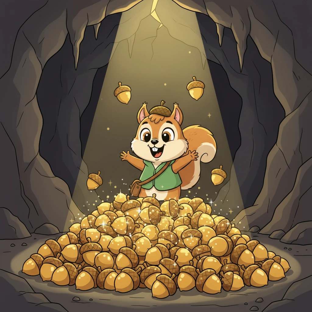 And there it was! Not gold or jewels, but the most magnificent pile of golden-brown acorns Pip had ever seen, sparkling under a beam of sunlight that pierced the cave ceiling. He squealed with delight, his treasure hunt ending in the most delicious discovery imaginable. Pip had found his very own feast!