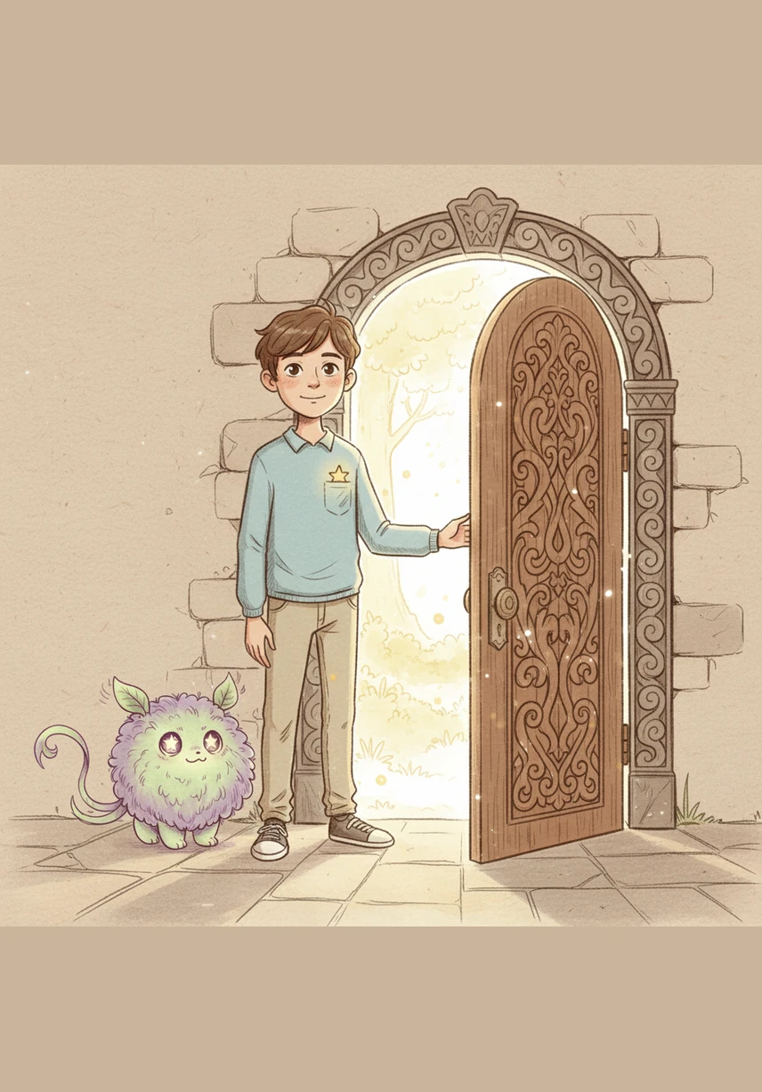 En franchissant la porte, Lucas entre dans un monde merveilleux où des champignons géants bleus et roses brillent comme des lanternes. La magie semble flotter dans l'air, transformant chaque recoin en un spectacle de lumière.