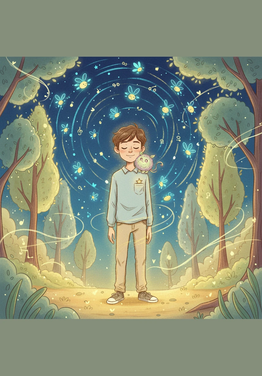 Des insectes fluorescents tracent des cercles lumineux dans le ciel, tandis que les arbres murmurent une douce mélodie. Le sol est chaud sous ses pieds et une lumière apaisante enveloppe Lucas, le faisant se sentir en parfaite sécurité.