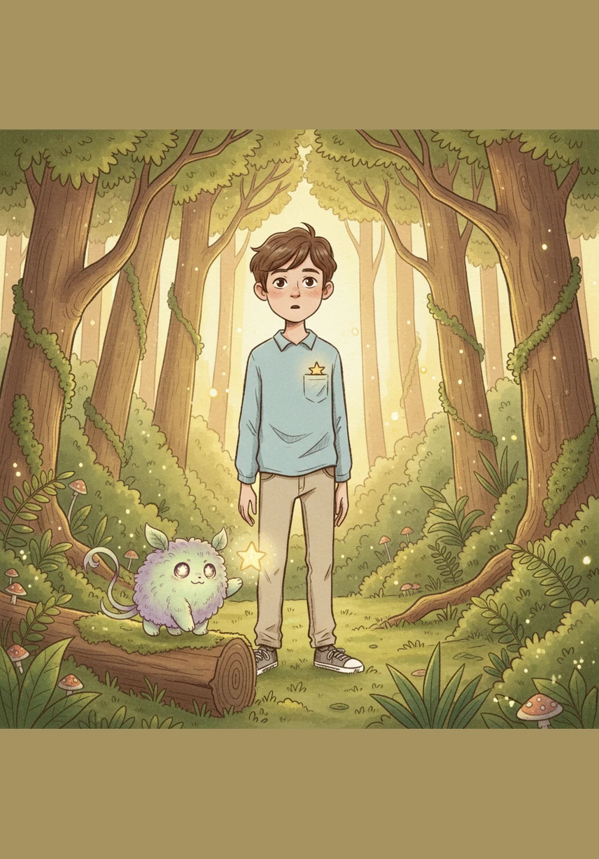 Un bruissement soudain dans les buissons attire son attention. Lucas retient son souffle en apercevant une touffe de fourrure violette et verte qui dépasse des feuilles colorées.