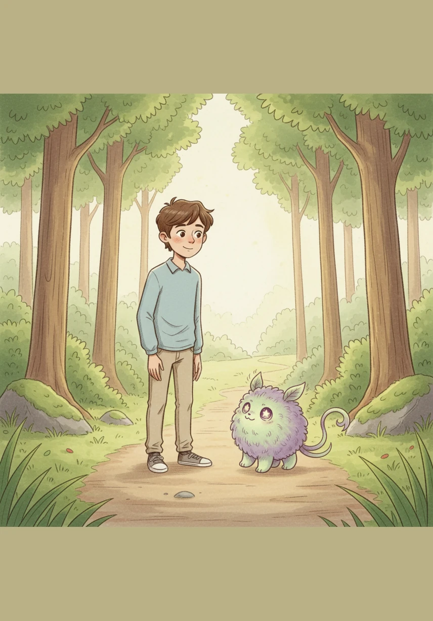 Lucas demande timidement à la créature si elle peut l'aider à rentrer chez lui. L'être magique hoche la tête avec bienveillance et commence à trottiner sur un sentier étroit, invitant le garçon à le suivre.