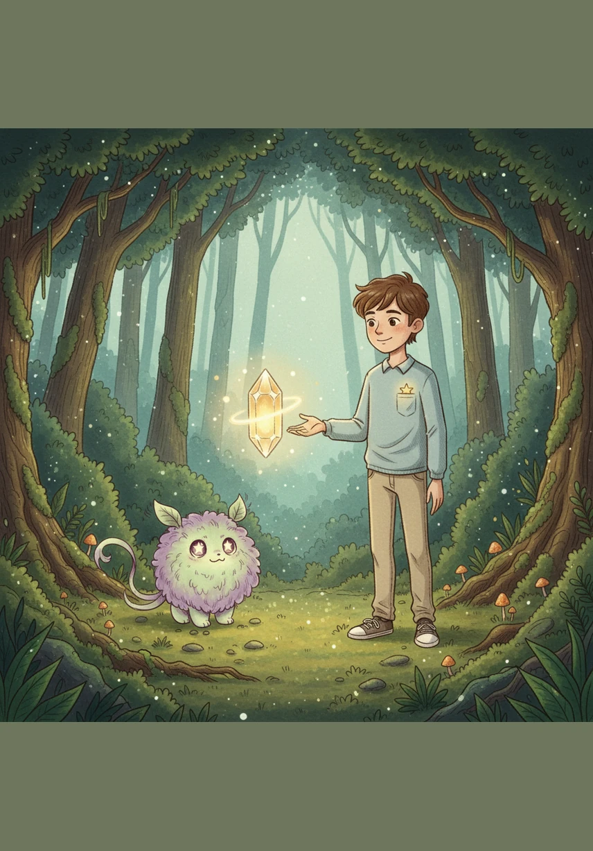 Le chemin s'illumine sous leurs pas et des fleurs parfumées s'épanouissent sur leur passage. Des lucioles joyeuses les accompagnent dans la forêt alors que le vent chante doucement à travers les branches.