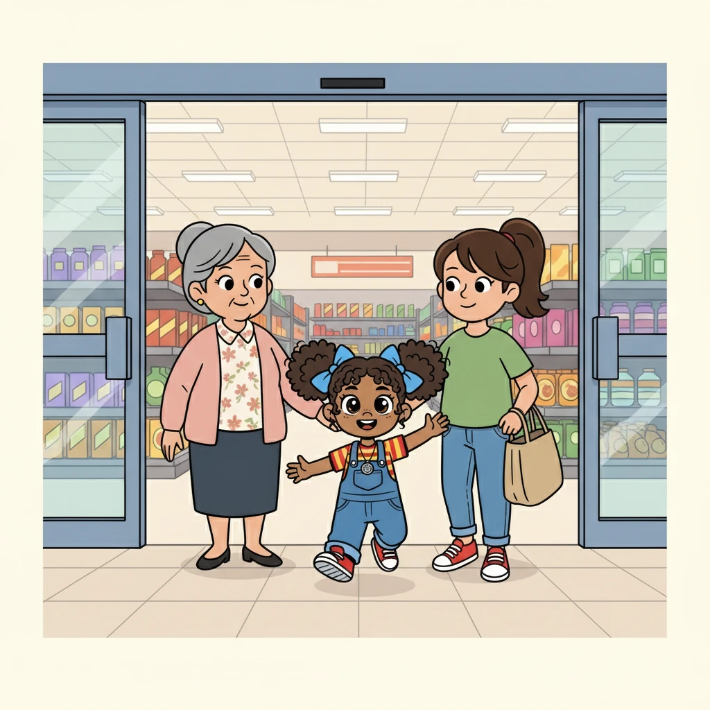 Mollie, with her bright eyes and pigtails, skipped excitedly beside her Nan and older sister, Susie, as they entered the brightly lit supermarket. The automatic doors slid open with a whoosh, revealing rows and rows of colorful products.