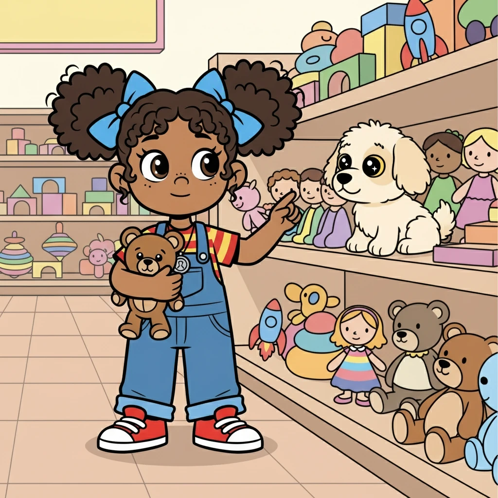 Their eyes widened as they entered the toy aisle, a vibrant wonderland of possibilities. Mollie's gaze immediately locked onto a fluffy, adorable toy dog. It sat on a shelf, its button eyes seeming to sparkle at her.