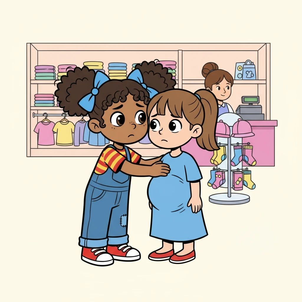 As they approached the checkout, Susie noticed the telltale bulge under Mollie's gown. Her brow furrowed with concern, she gently nudged Mollie and whispered, 'What have you got there?'