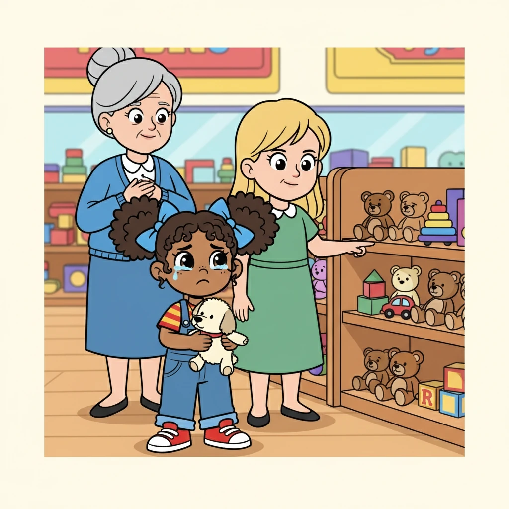 Mollie's face crumpled as Susie insisted she put the toy dog back. Tears welled up in Mollie's eyes as she reluctantly returned the toy to its shelf. Nan, however, smiled, her heart swelling with pride for both girls.