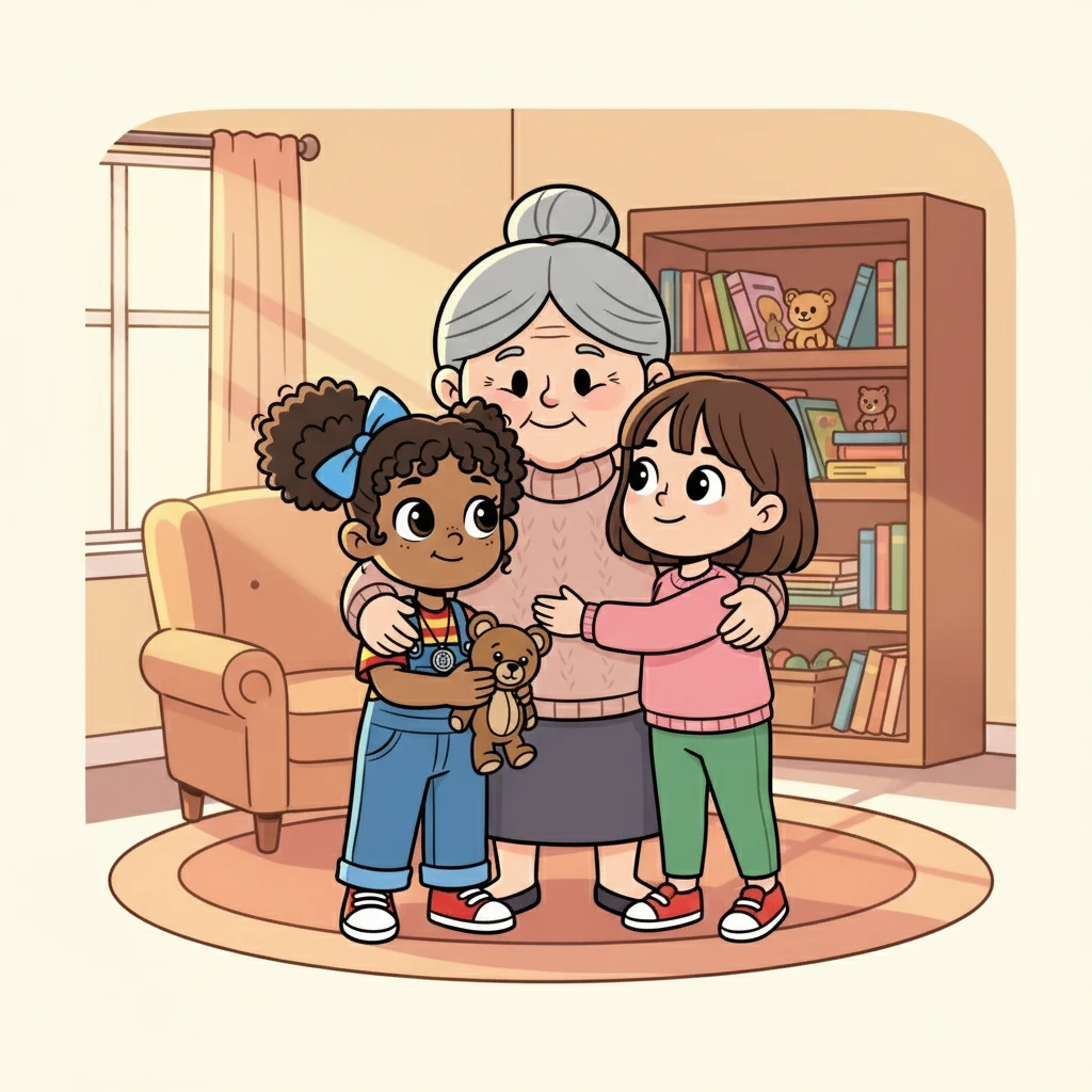 Back at home, Nan gave Mollie and Susie a warm hug. 'I'm proud of you both,' she said, her voice filled with love. Though Mollie was sad about not having the dog, she knew that Susie’s gentle guidance and Nan’s love made the day a wonderful one.