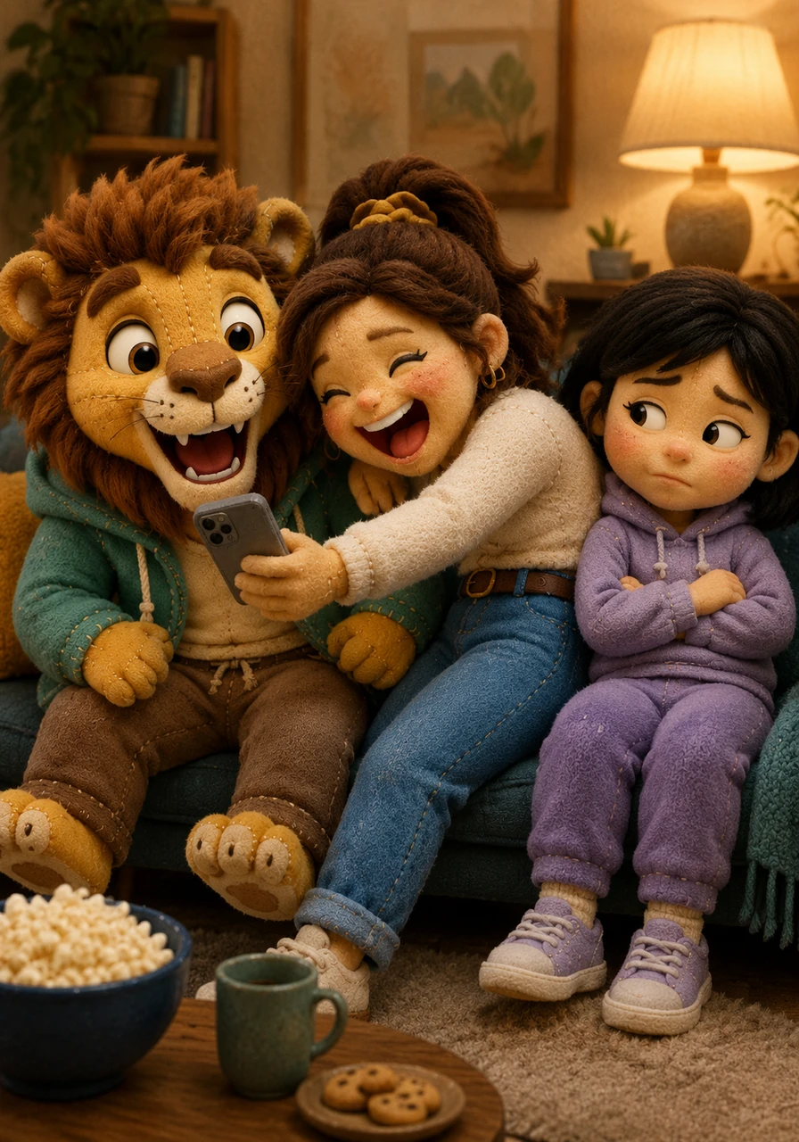 Sarah leans across Maya to show Leo a video on her phone, laughing so hard her elbow digs into Maya’s ribs. No one looks her way or offers an apology; they are lost in a shared world of inside jokes and digital memories she isn't part of.