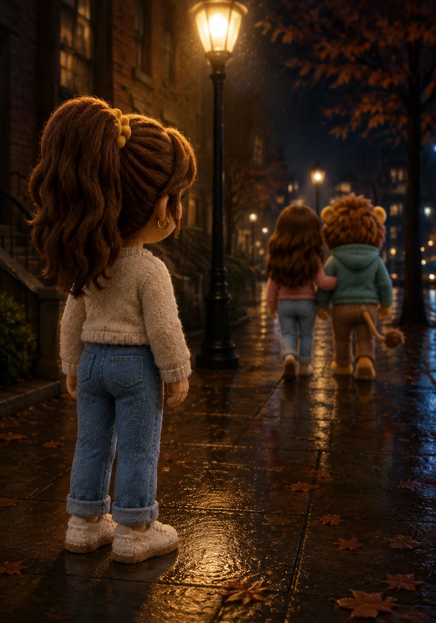 Maya stands alone on the damp sidewalk, the cold air biting at her cheeks as she watches their retreating backs. Instead of following, she stays perfectly still, a silent shadow under the streetlamp, testing the weight of her own absence.