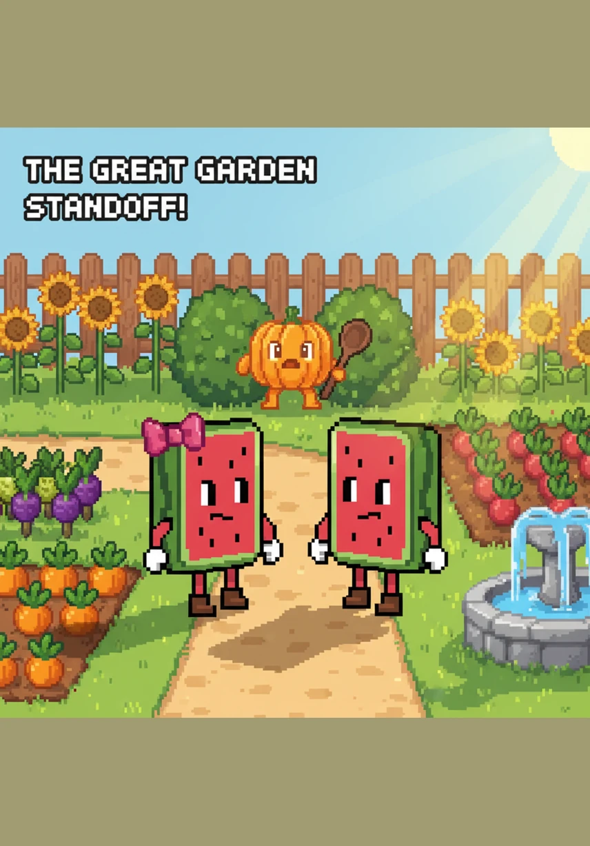 Wally the Watermelon, Wendy the Wax Gourd, and Peter the Pumpkin lived happily in a sunny garden. One afternoon, they realized that while they represented the West, East, and South, they had never met their cousin from the North.