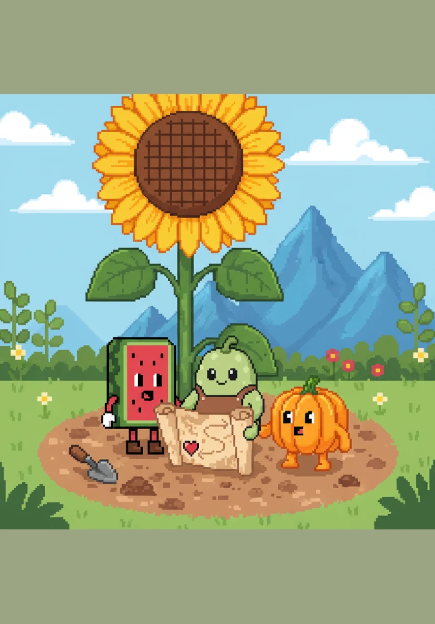 Under the shade of a giant sunflower, they discovered an ancient, dusty map tucked into the soil. It showed a path leading far beyond the garden fence toward the tall, blue mountains of the North.