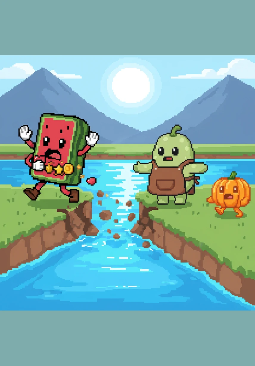 Their path was blocked by a wide, rushing river that sparkled like diamonds. Wendy the Wax Gourd bravely hopped into the water, acting as a sturdy raft for Wally and Peter to float across safely.