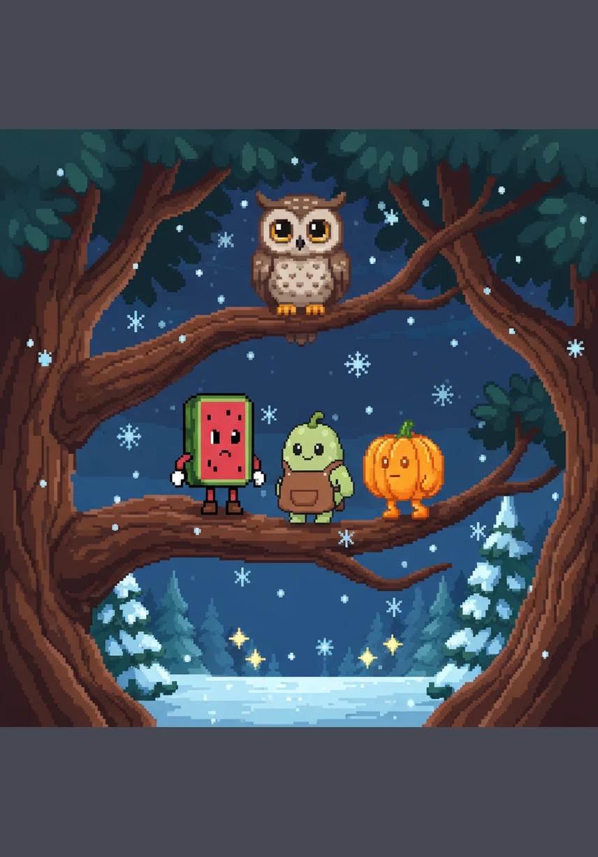 High up in a gnarled oak tree, a wise old owl peered down at the travelers with golden eyes. He told them that the North Gourd lived in a place where the snowflakes dance and the stars touch the ground.