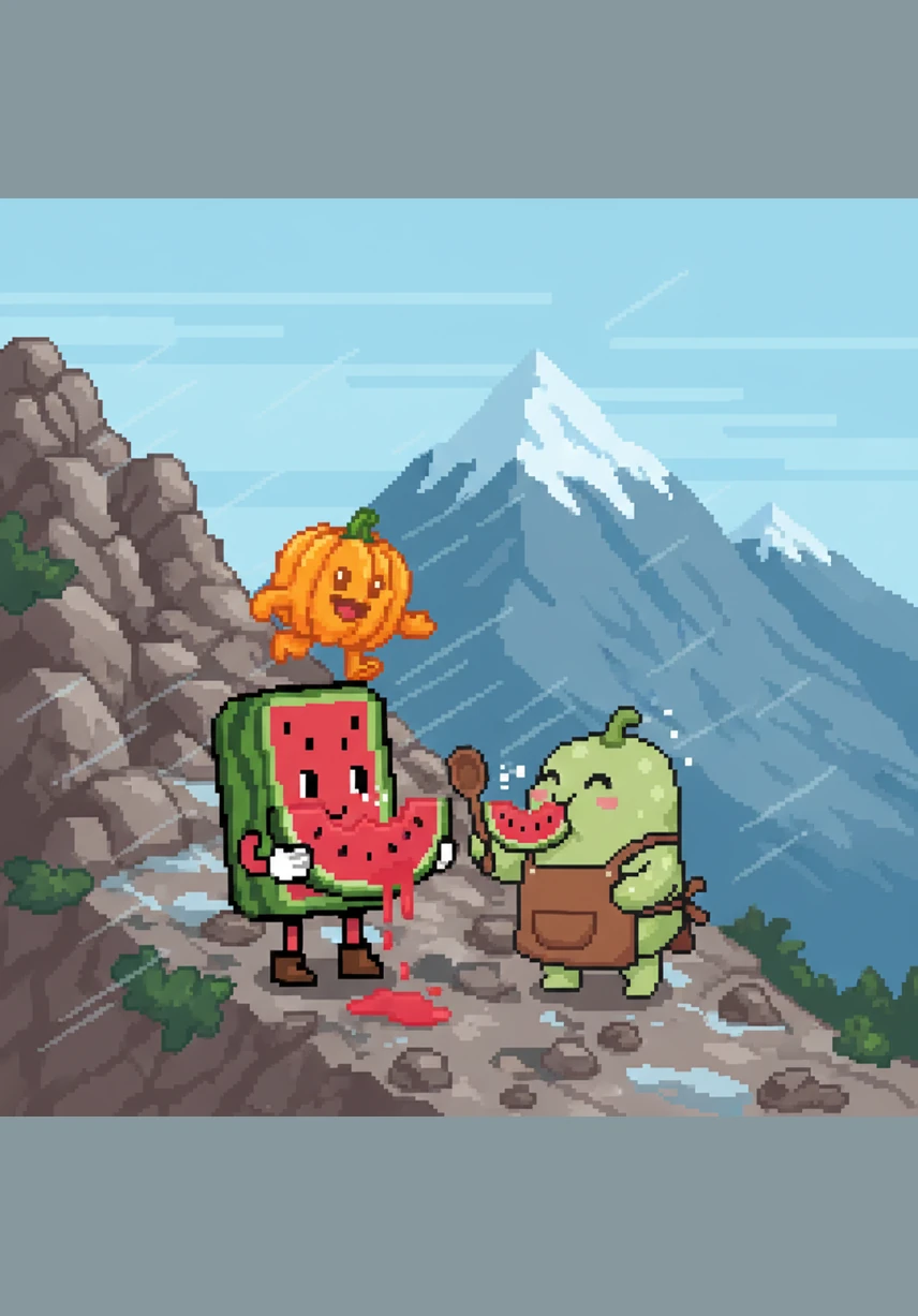The air turned crisp and cold as they climbed the steep, rocky foothills of the North Mountain. Wally the Watermelon shared his refreshing sweetness to keep everyone energized and happy despite the chilly wind.