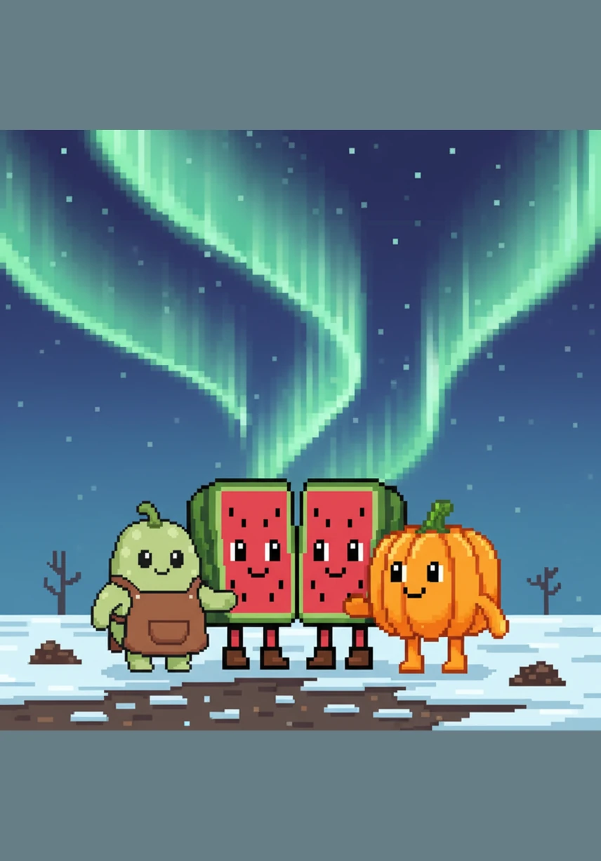 The four gourds huddled together under the glowing curtains of the Northern Lights. They realized that their family was finally complete, and no distance was too great for the power of friendship and love.