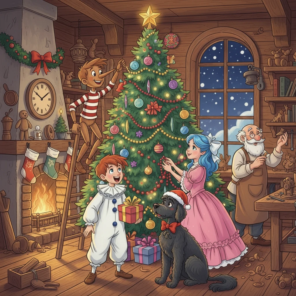 The Christmas tree sparkled with colorful lights and glittering ornaments. Buratino carefully placed a star on top. Malvina, with her beautiful blue hair, showed him how to hang candy canes. Pierrot sang a cheerful Christmas carol, and Artemon barked happily.