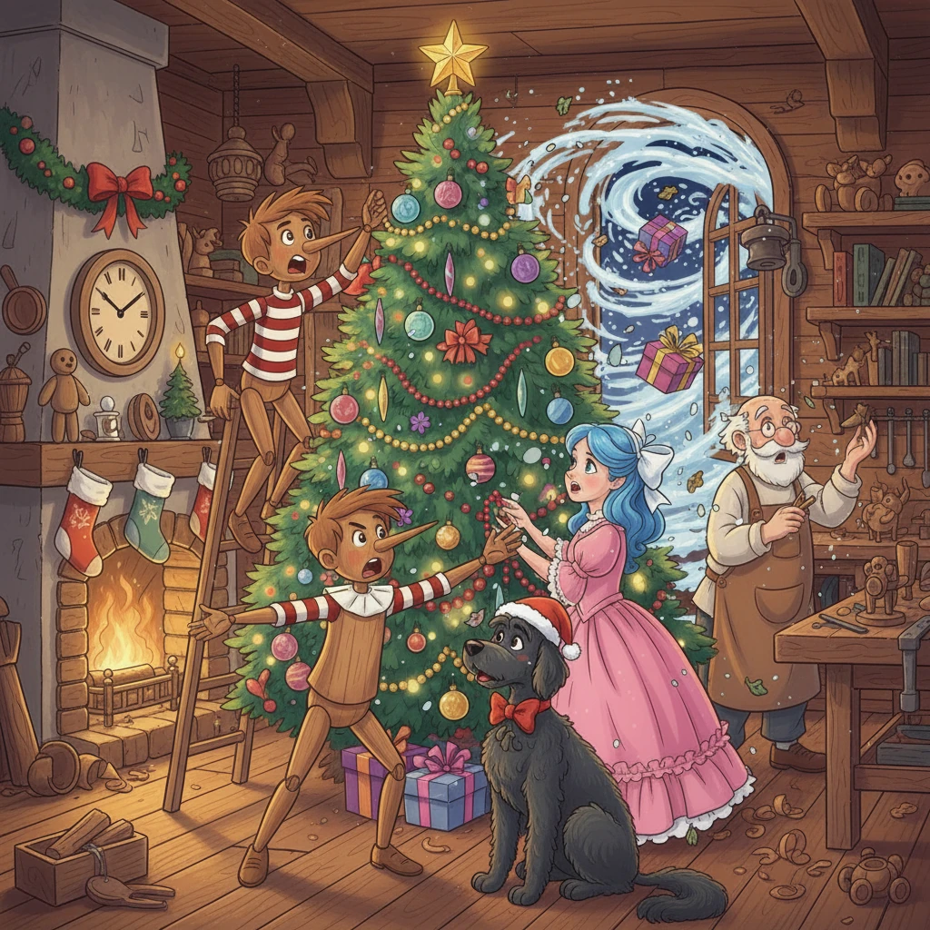 Suddenly, a strong gust of wind swept through the workshop, blowing open the window! A mischievous blizzard rushed in, stealing all the Christmas presents! Buratino, though surprised, declared they must retrieve them.
