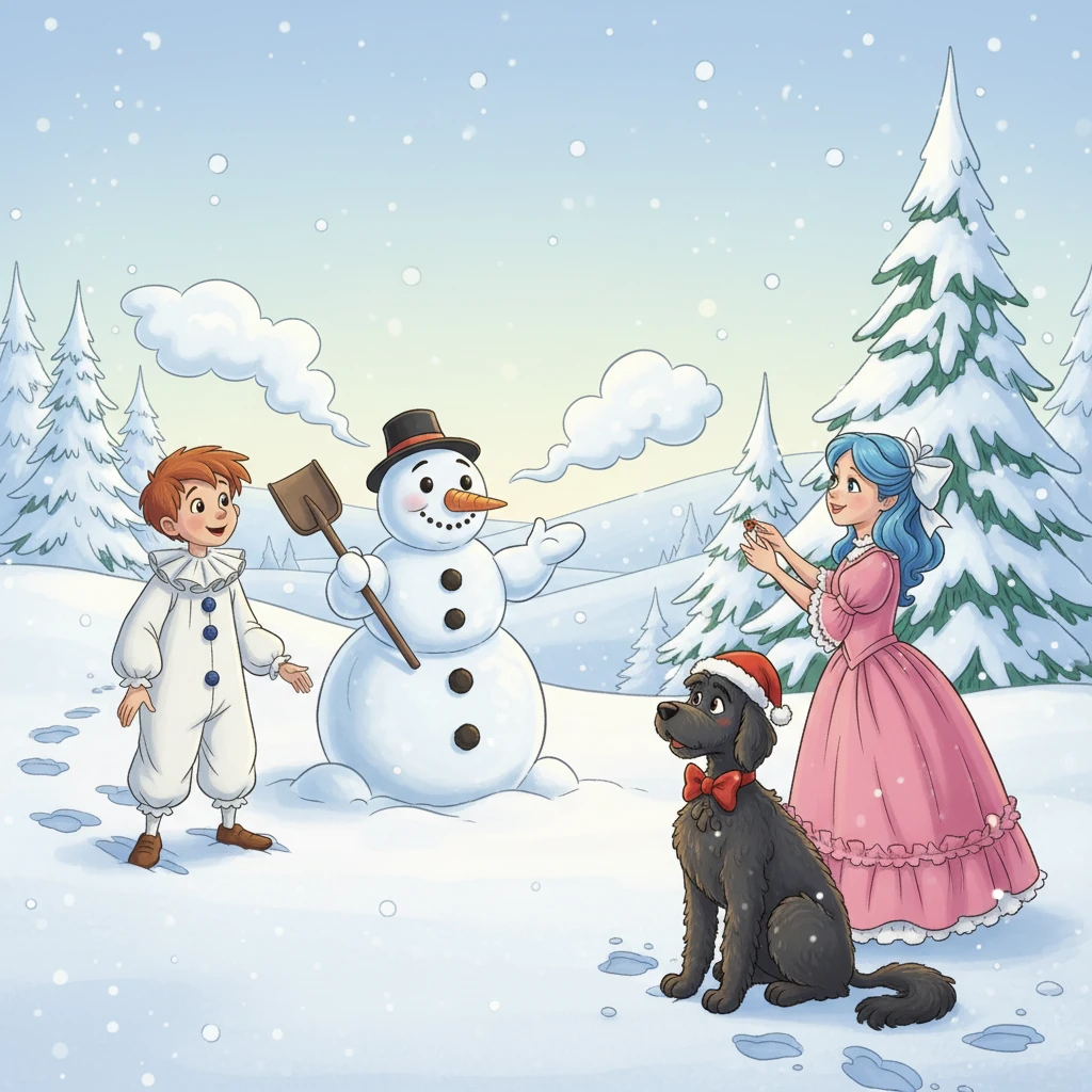 Buratino, Malvina, Pierrot, and Artemon ventured out into the snowy wonderland. They followed the tracks left by the blizzard, their breath forming frosty clouds. They encountered a friendly snowman, who offered to help.