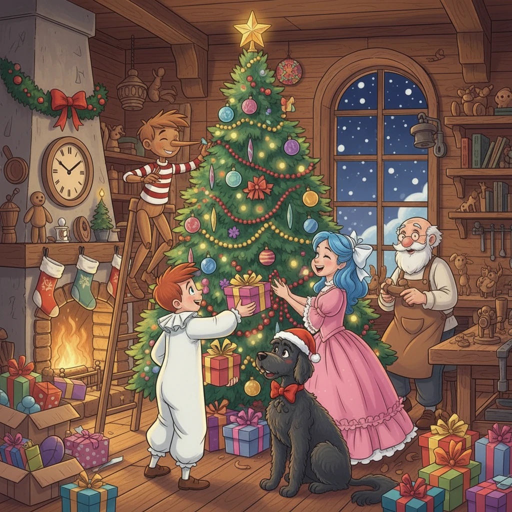 Back in the workshop, surrounded by their recovered presents, Buratino and his friends celebrated Christmas with even more joy. They knew that the magic of Christmas truly lies in sharing happiness and the warmth of friendship.