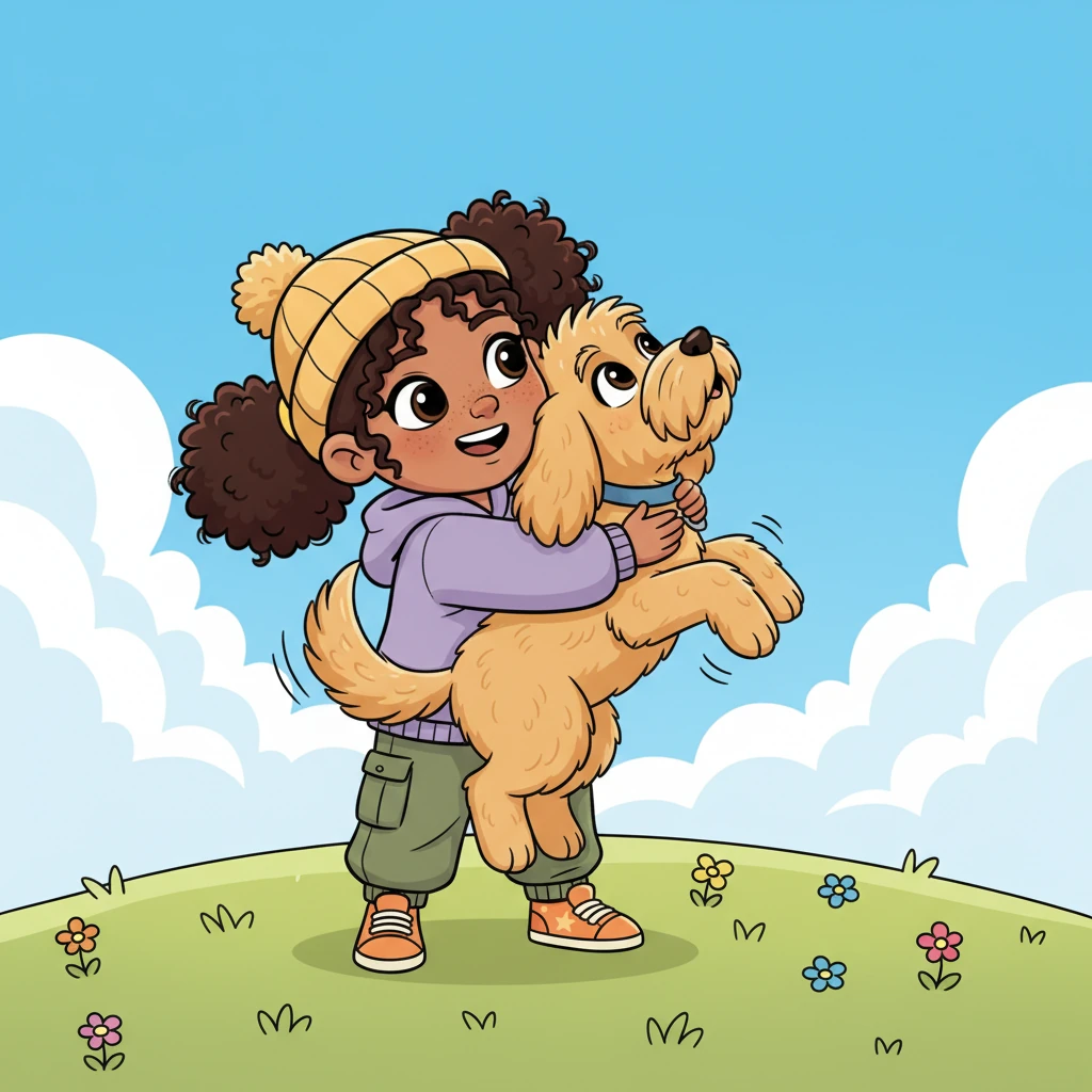Stella, a cheerful girl with pigtails that bounce, hugged her fluffy dog, Luna. Luna, a playful golden retriever with floppy ears, wagged her tail so hard her whole body wiggled. They were the best of friends, always ready for an adventure, especially when it involved looking up.