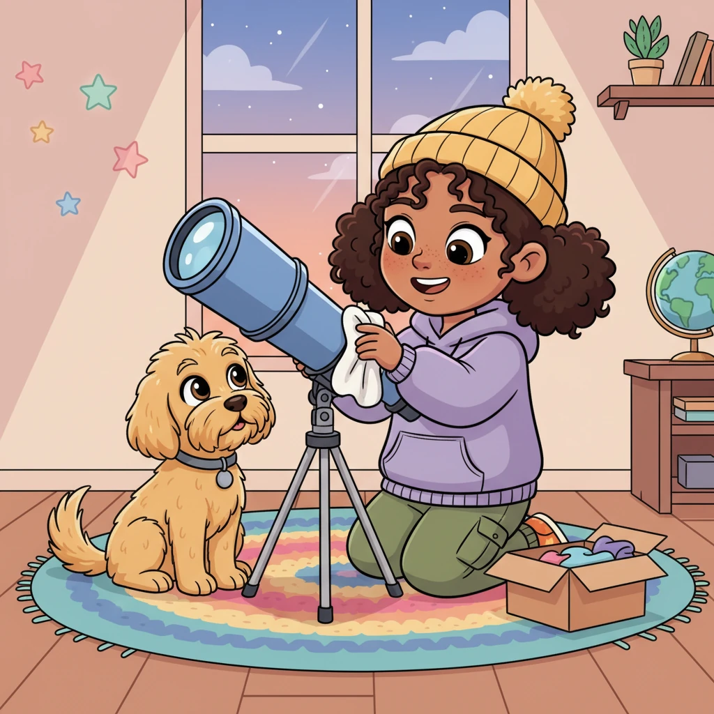 Stella carefully polished her shiny, blue telescope, her eyes sparkling with anticipation. She couldn't wait for nightfall, when the sky would transform into a dazzling canvas. Luna sat patiently beside her, nose twitching, sharing Stella's excitement for their nightly ritual.
