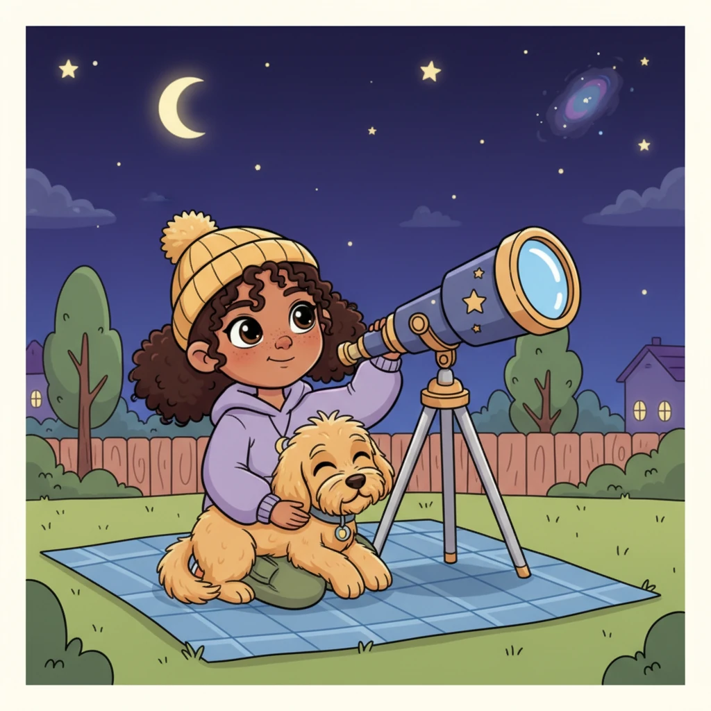 They settled comfortably in their cozy backyard, a soft blanket spread out on the grass. Stella adjusted her telescope, while Luna snuggled close, her head resting gently on Stella's lap. The air was cool and fresh, perfect for a night of wonder.
