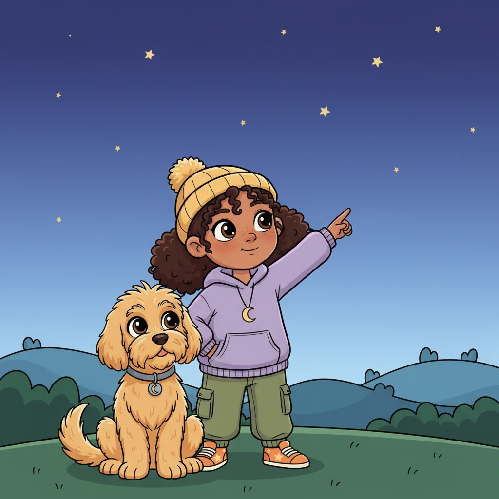 At first, only a few shy stars peeked through the twilight blue. Stella pointed them out, her voice a soft whisper, and Luna let out a happy sigh. The world felt quiet and magical, just waiting for the grand show to begin.