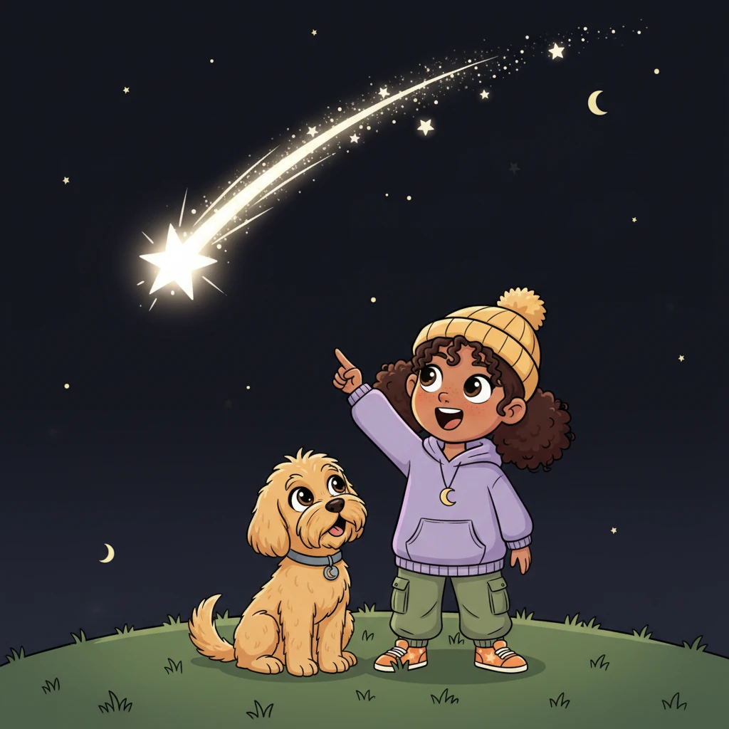 Suddenly, a streak of light zipped across the inky blackness! "A shooting star, Luna!" Stella gasped, her face alight with wonder. They both watched its swift journey, making a silent wish together, their hearts full of joy.