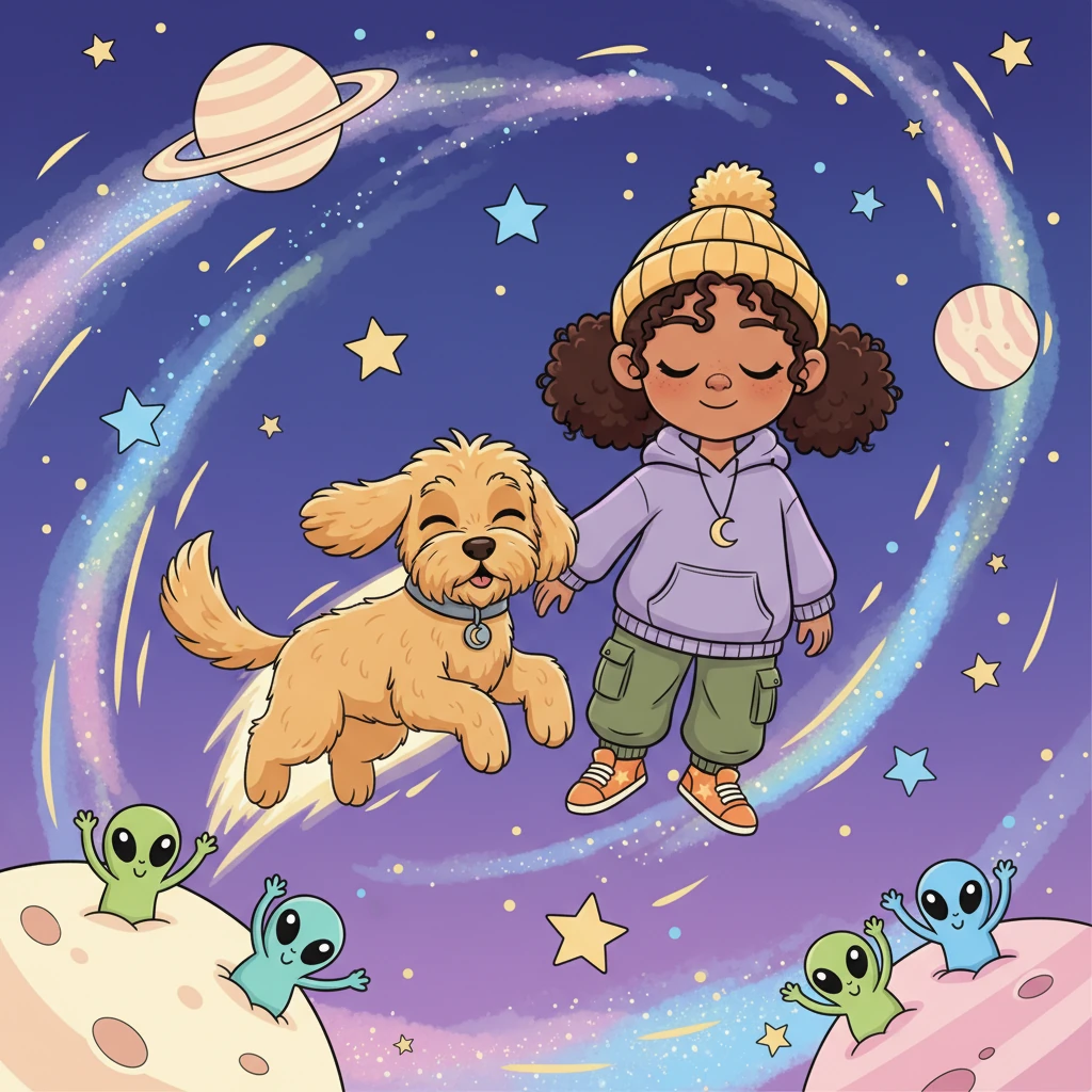 Stella closed her eyes, imagining herself floating among the stars, with Luna zooming beside her like a furry comet. They pictured friendly aliens, marshmallow planets, and rivers of stardust. The night sky felt like an open invitation to endless adventures.