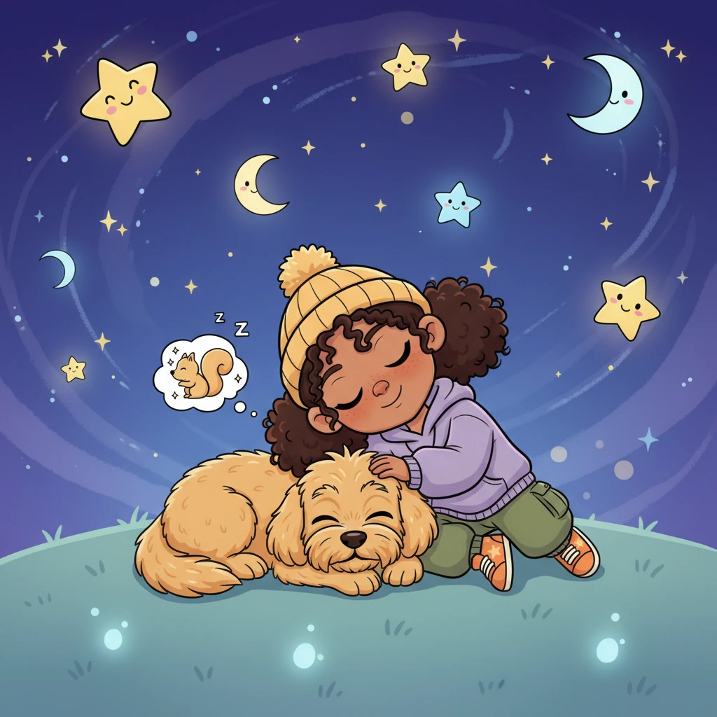 As the night deepened, a peaceful tiredness settled over them. Stella leaned against Luna, who had drifted into a soft slumber, dreaming of celestial squirrels. They shared a quiet, contented moment, wrapped in the cool embrace of the starlit night.